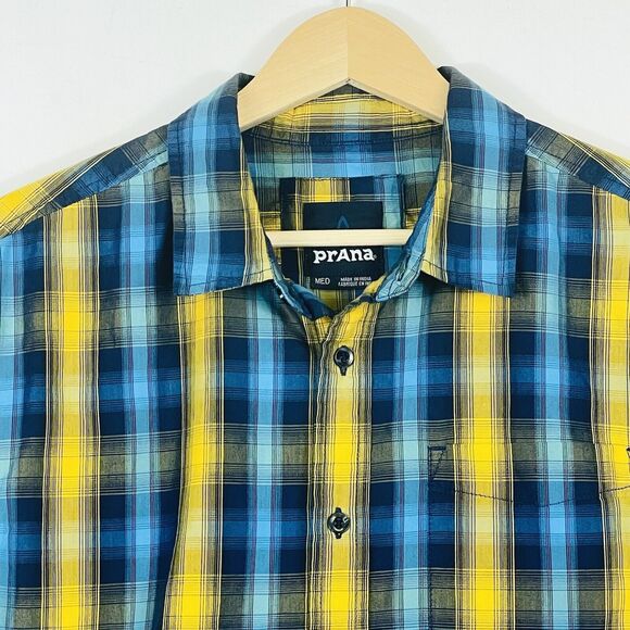 Prana Active Blue Gold Plaid Short‎ Sleeve Button Front Top Shirt Mens Medium - Picture 2 of 7